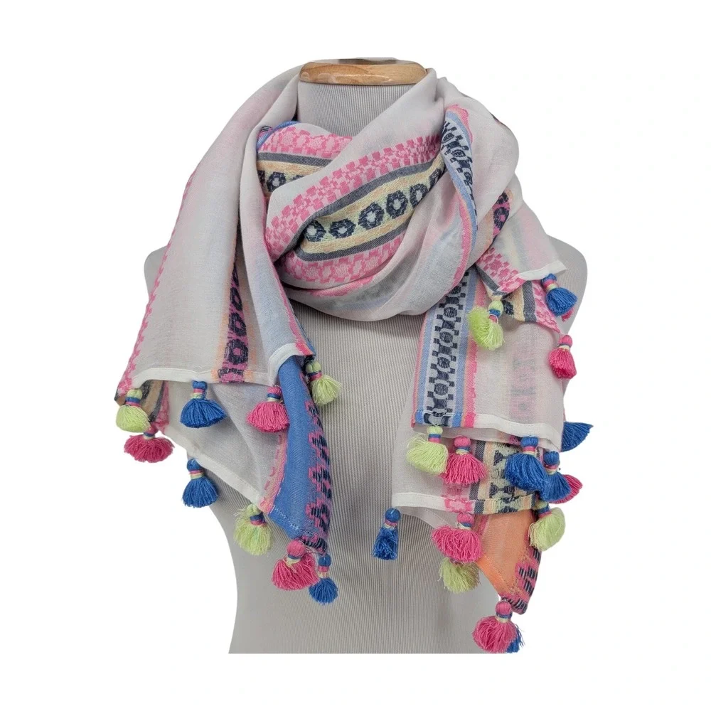 Tommy Bahama Tahitian Jacquard Scarf‎ OS Fuschia Bloom Tassel Sarong Wrap Pareo